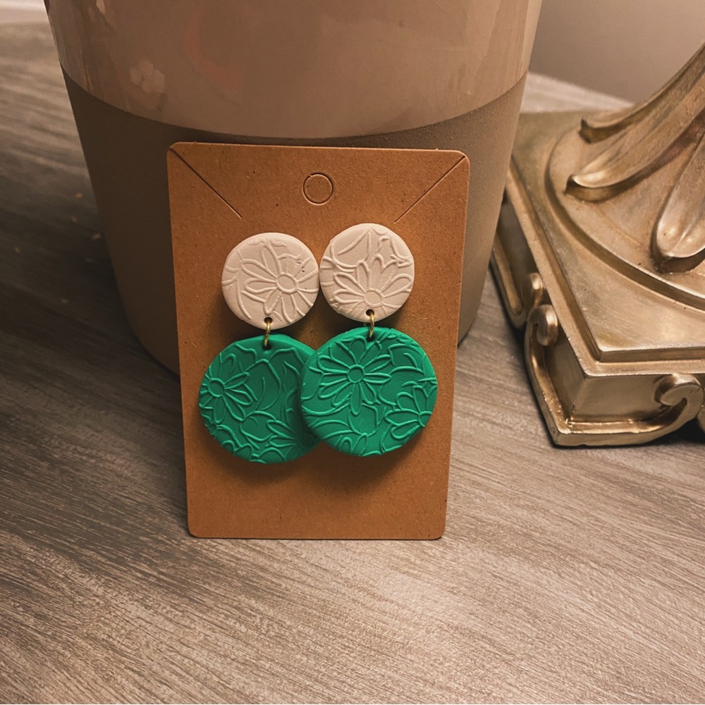 Green & White Textured Earrings